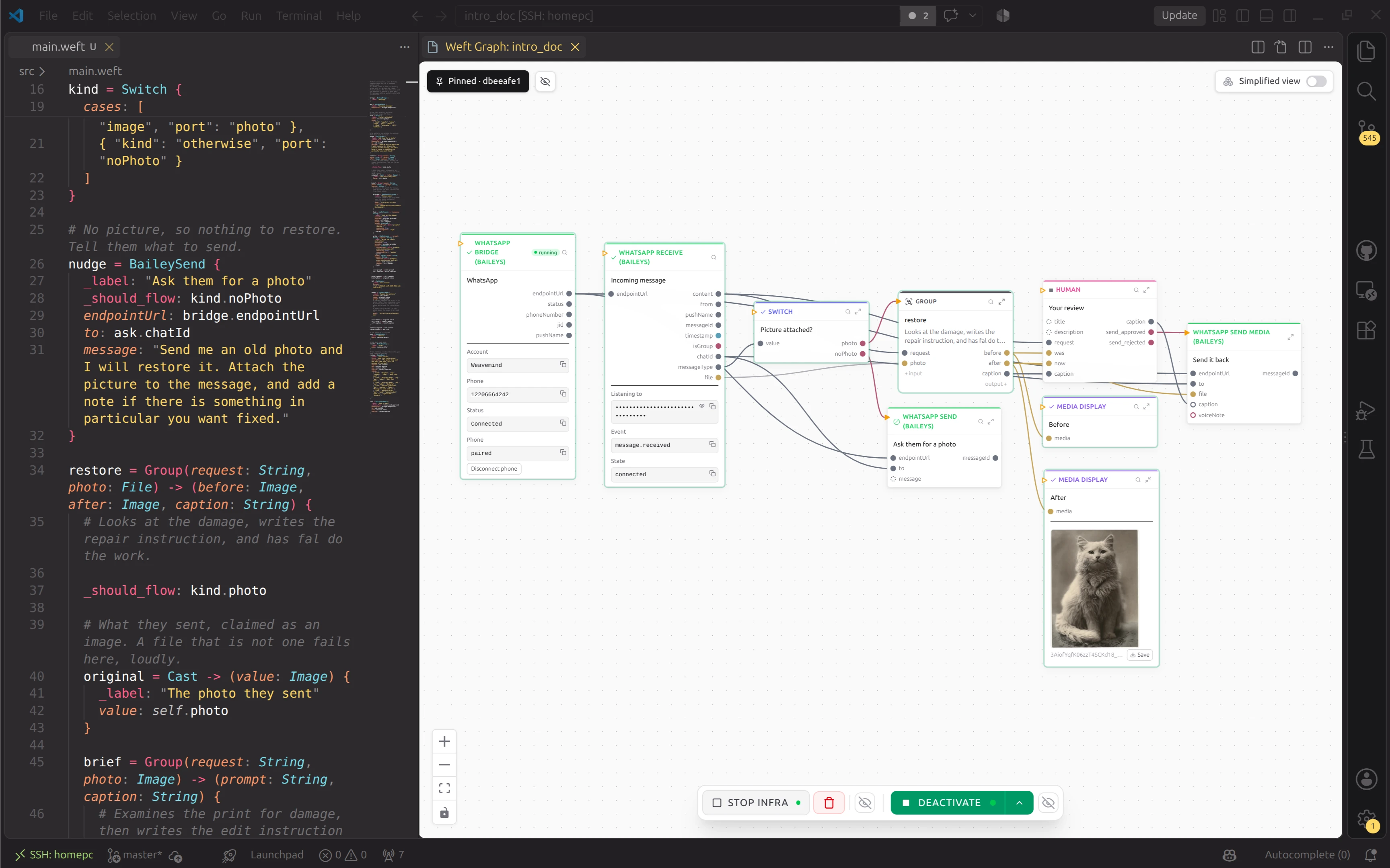 A Weft program shown as code and as a graph, side by side in VS Code